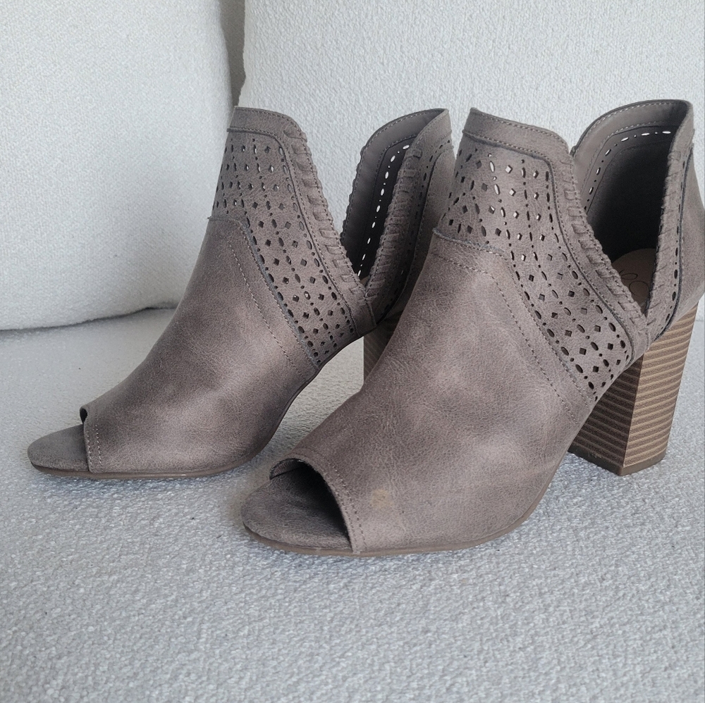 Grey Open-Toe Suede Booties